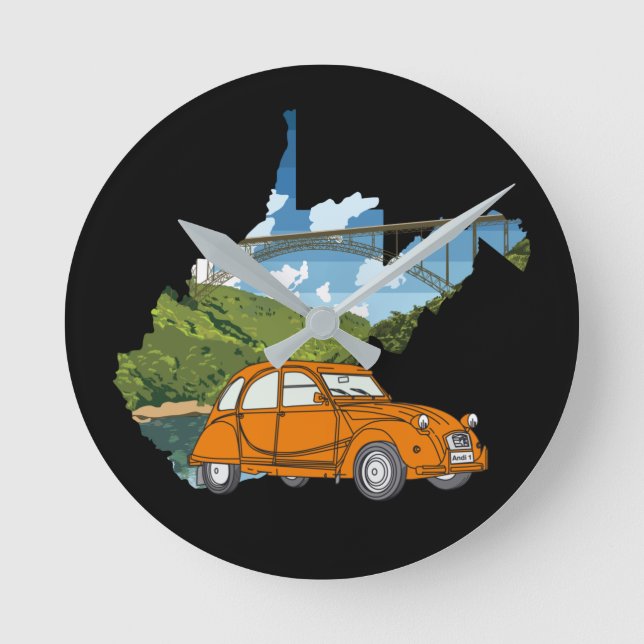 Oldtimer 2cv Landschaft Illustration Round Clock (Front)