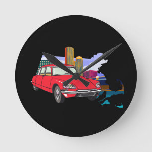Oldtimer Ds19 Retro Futurism City Illustration Round Clock