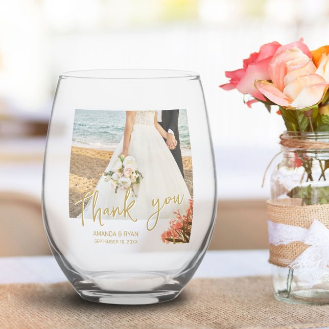 Oleander Flowers Photo Thank you Wedding Stemless Wine Glass (Creator Uploaded)