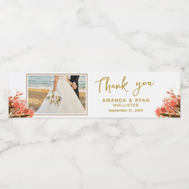 Oleander Flowers Wedding Thank you Script Photo  Water Bottle Label (Single Label)