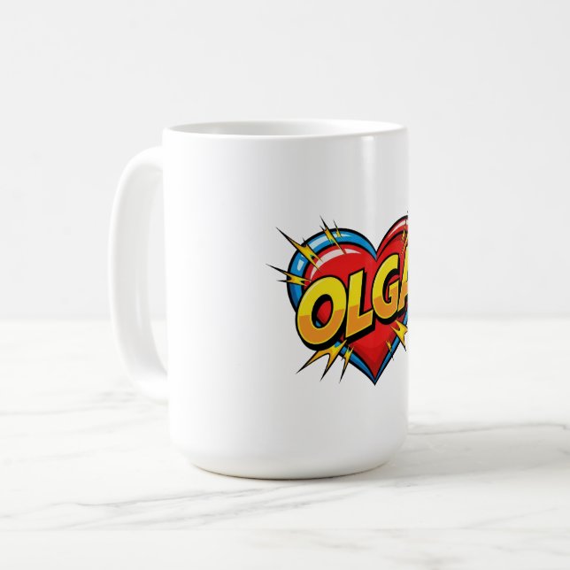 Olga Name Colourful Heart Comic Pop Art Gift Coffee Mug (Front Left)