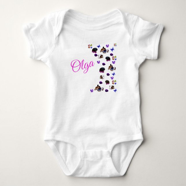 "Olga" Name With Guinea Pigs Pansies Baby Bodysuit (Front)