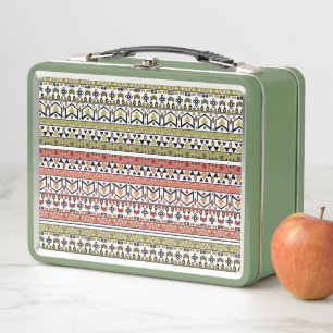 Olive and brown geometric ethnic ornament metal lunch box