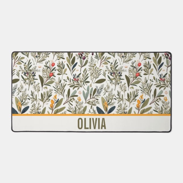 Olive and Herbs Minimal Elegant Personalised Desk Mat (Front)