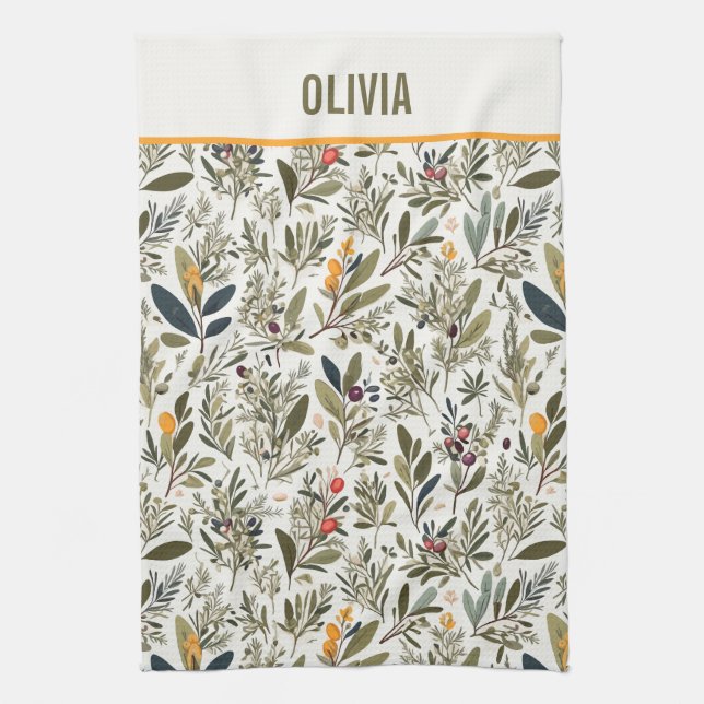Olive and Herbs Minimal Elegant Personalised Tea Towel (Vertical)