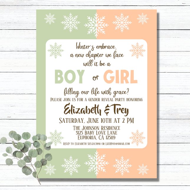 Olive and Peach Winter Snowflakes Gender Reveal Invitation (Forget the traditional pink and blue with this sage green and peach winter gender reveal invitation.)