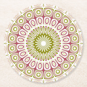 Olive and Rose Mandala Pattern Round Paper Coaster