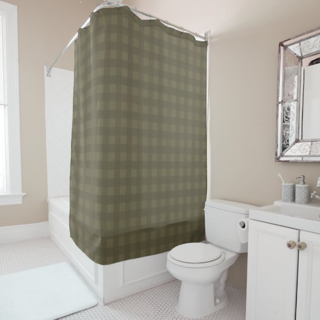 Olive and Sage Green Gingham Plaid Patterned Shower Curtain (In Situ)