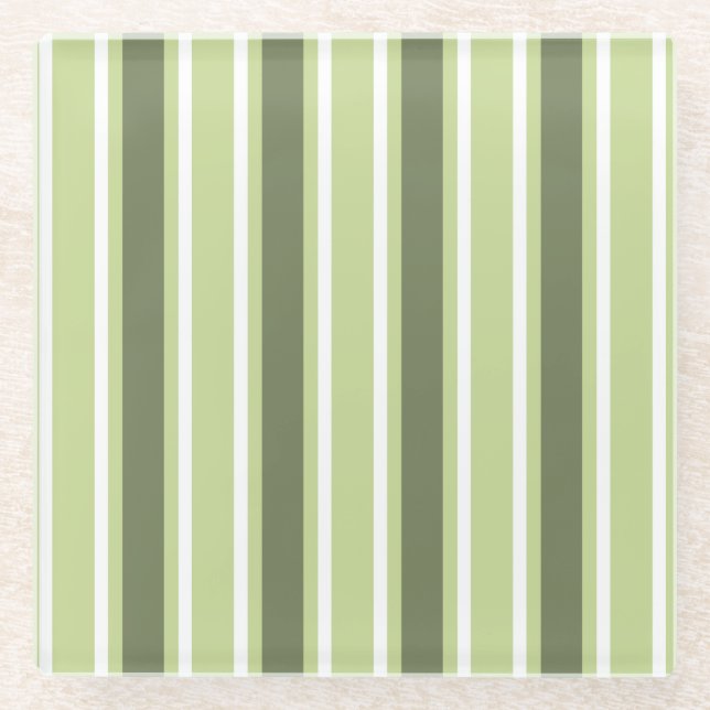 Olive and white candy stripes glass coaster (Front)