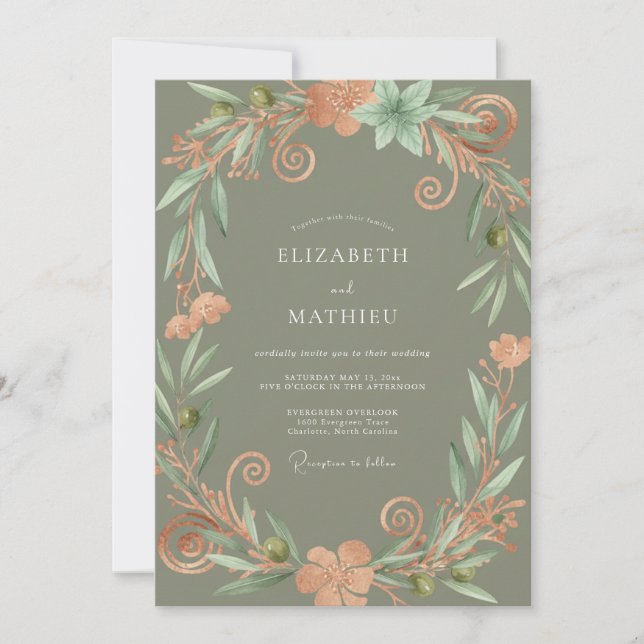 Olive Apricot Wreath Wedding Invitation (Front)