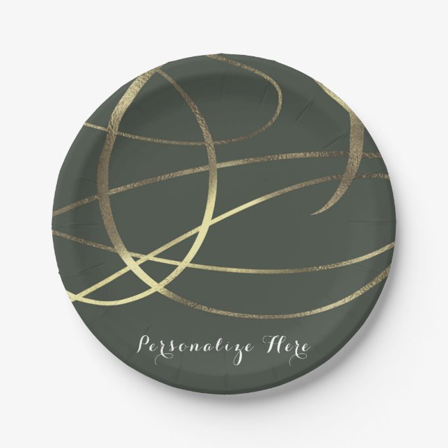 Olive Army Green & Gold Faux Foil Custom Party Paper Plate (Front)
