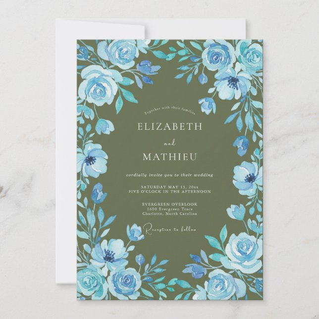 Olive Azure Leafy Wedding Invitation (Front)