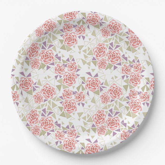 olive beige mosaic floral pattern retro  paper plate (Front)