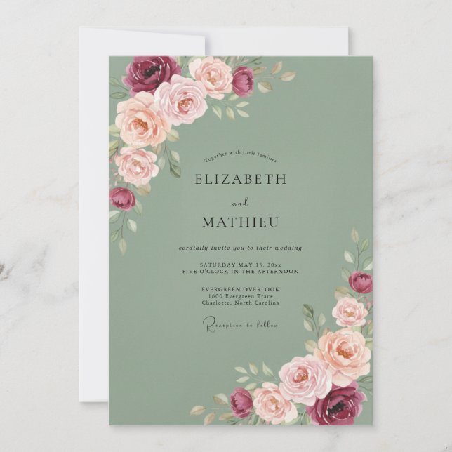 Olive Berry Ranunculus Wedding Invitation (Front)