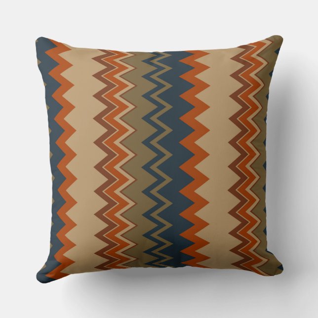Olive, Blue and Orange Chevron Pattern Cushion (Back)