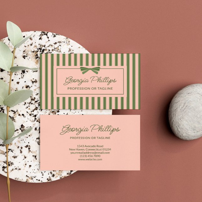 Olive Blush Stripes & Bow Retro Business Card (Creator Uploaded)