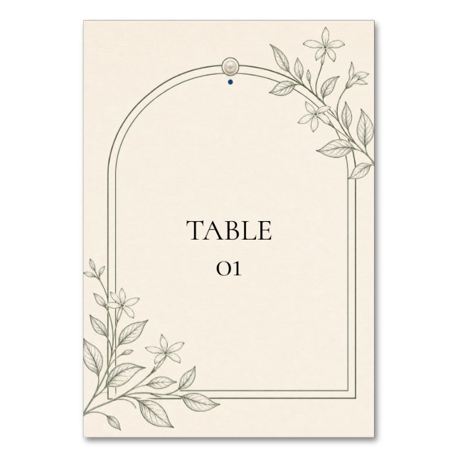 Olive Botanical Arch Wedding Table Number Card (Front)