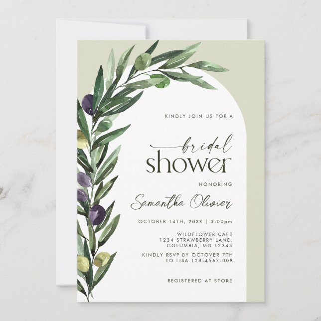 Olive Botanical Leaves Arch Greenery Bridal Shower Invitation (Front)