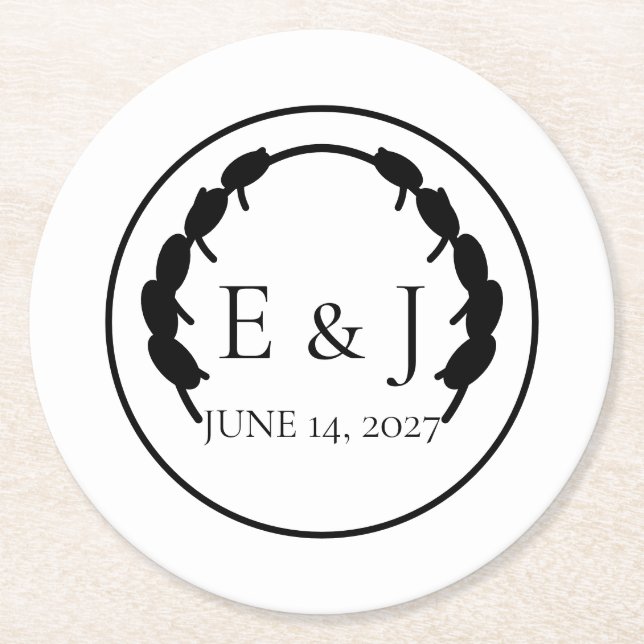 Olive Botanical Monogram Wedding Paper Coaster (Front)