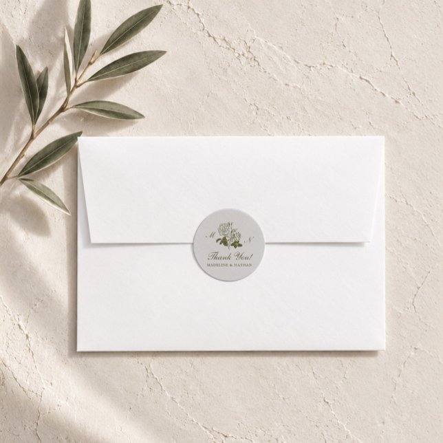 Olive Botanical Monogram Wedding Round Sticker (Creator Uploaded)