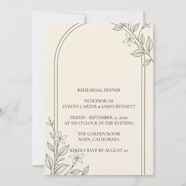 Olive Botanical Rehearsal Dinner Invitation (Front)