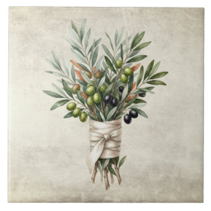 Olive Bouquet Mediterrean Watercolors Rustic Ceramic Tile