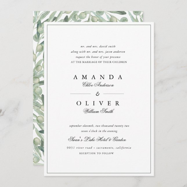 Olive Branch Botanical Greenery Elegant Wedding  Invitation (Front/Back)