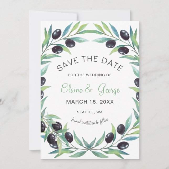 Olive Branch Botanical wedding save the date cards (Front)