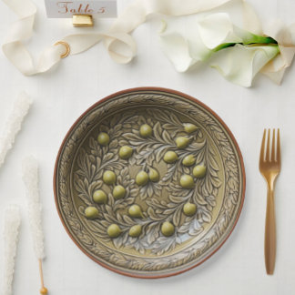 Olive Branch Faux Mediterranean Pottery Paper Plate
