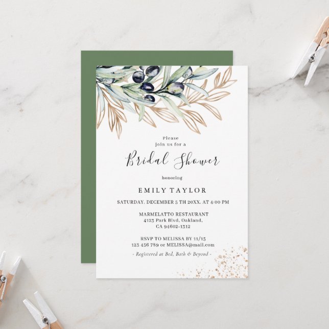 Olive Branch Greenery, Gold Bridal Shower  Invitation (Front/Back In Situ)