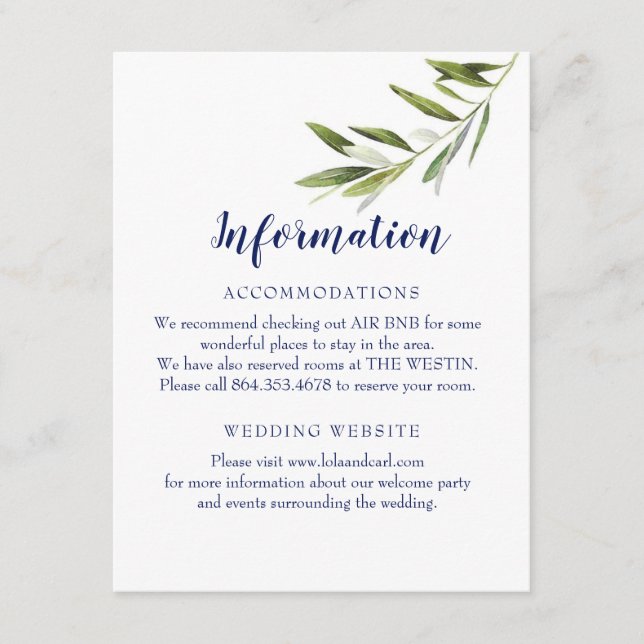 Olive branch information card for wedding (Front)