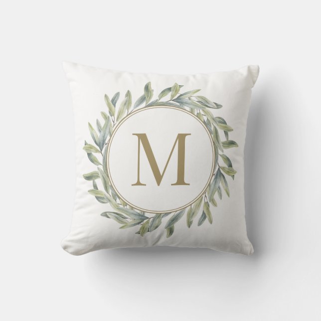 Olive Branch Laurel Wreath Personalised Monogram Cushion (Front)