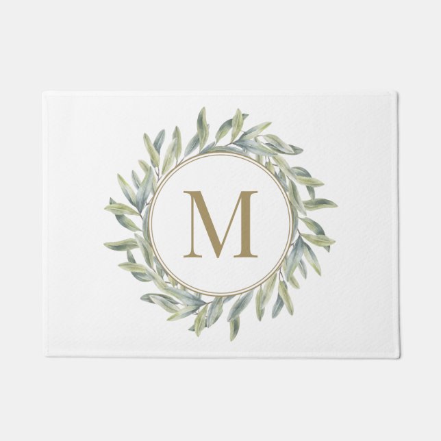 Olive Branch Laurel Wreath Personalised Monogram Doormat (Front)