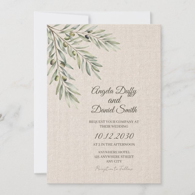 Olive Branch Linen Wedding Invitation (Front)