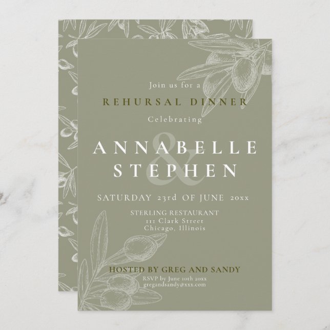 Olive Branch Mediterranean Chic Rehearsal Dinner Invitation (Front/Back)