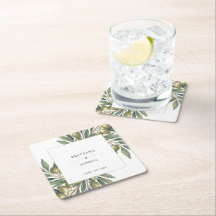 Olive Branch Modern Mediterranean Wedding  Square Paper Coaster