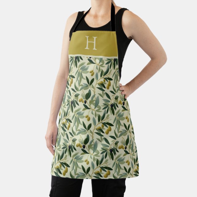 Olive Branch Monogram Initial All-Over Print Apron (Insitu)