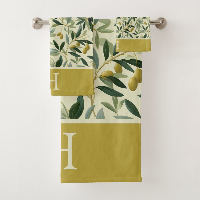 Olive Branch Monogram Initial Bath Towel Set (Insitu)
