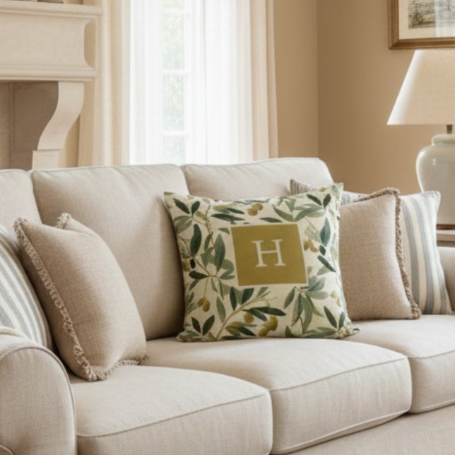 Olive Branch Monogram Initial Botanical Cushion (Creator Uploaded)