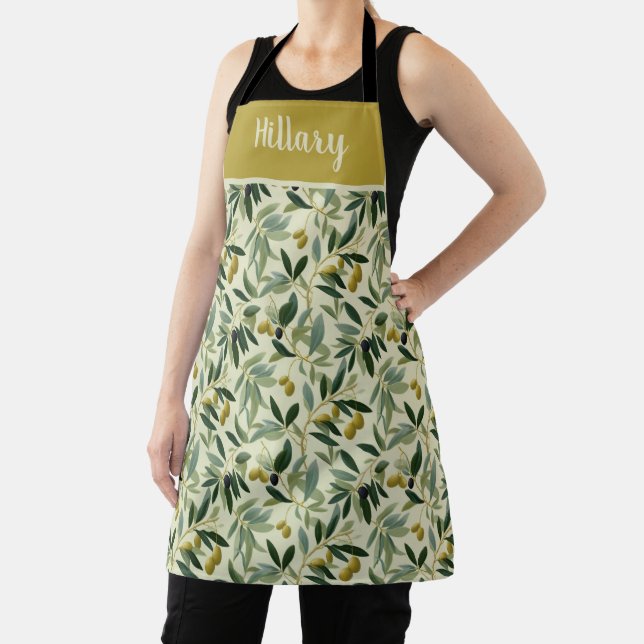 Olive Branch Monogram Name All-Over Print Apron (Insitu)