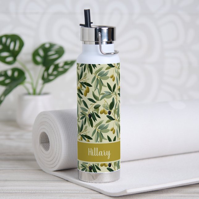 Olive Branch Monogram Name  Water Bottle (Yoga (Rotated))