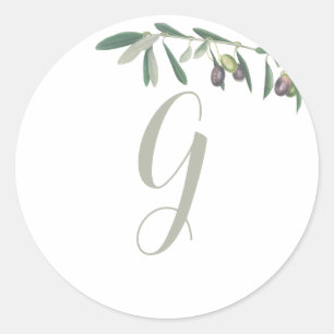 Olive Branch Monogrammed Greenery Bridal Shower Classic Round Sticker