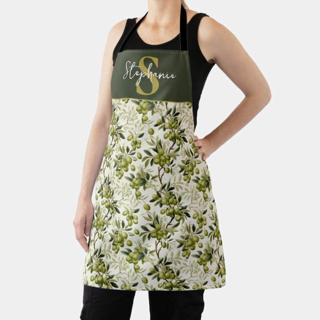 Olive Branch Pattern Mediterranean Monogram Apron (Insitu)