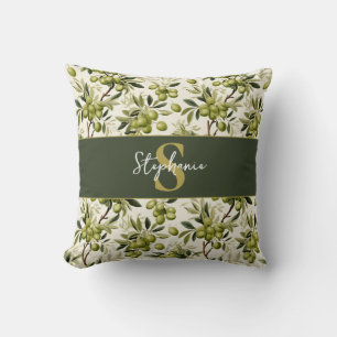 Olive Branch Pattern Monogram Name Mediterranean Cushion