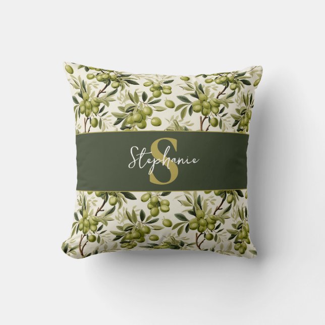 Olive Branch Pattern Monogram Name Mediterranean Cushion (Front)
