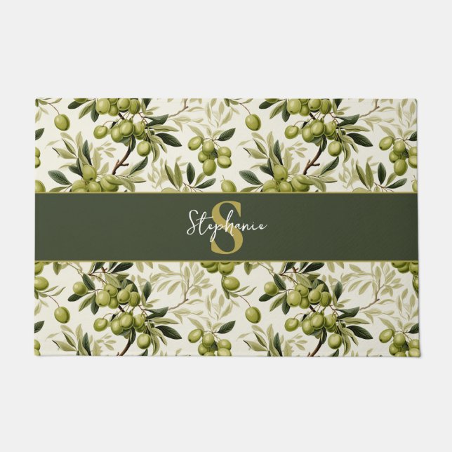 Olive Branch Pattern Monogram Name Mediterranean Doormat (Front)