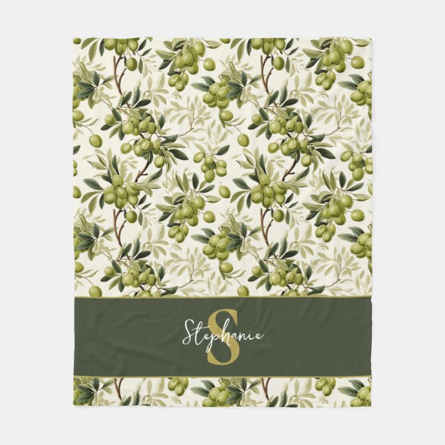 Olive Branch Pattern Monogram Name Mediterranean Fleece Blanket (Front)