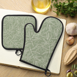 Olive Branch Pattern Sage Green Oven Mitt & Pot Holder Set