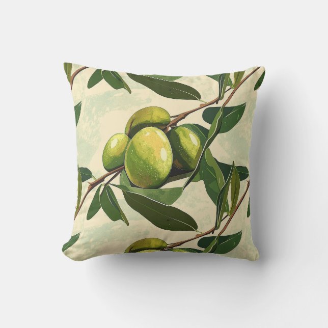 Olive Branch Pattern with Green Leaves Cushion (Front)