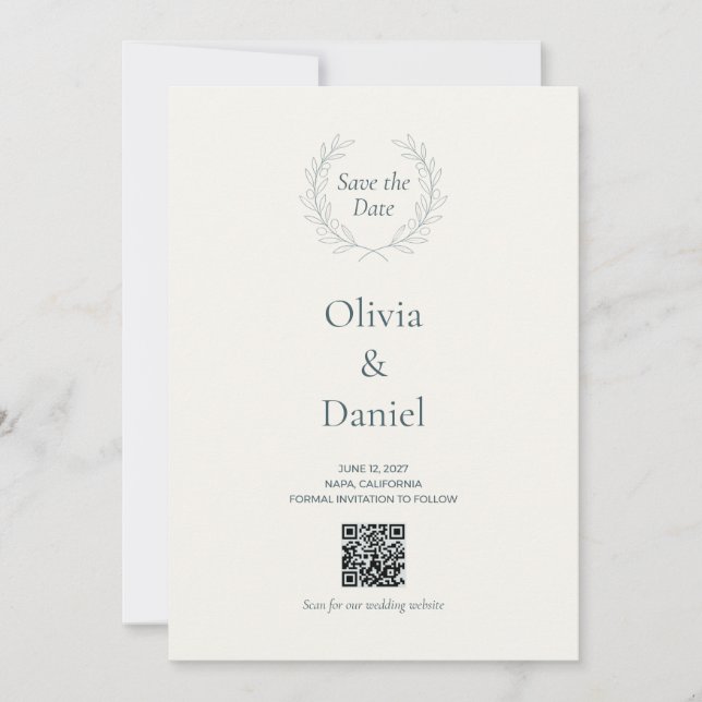 Olive Branch QR Code Wedding Save the Date Card (Front)